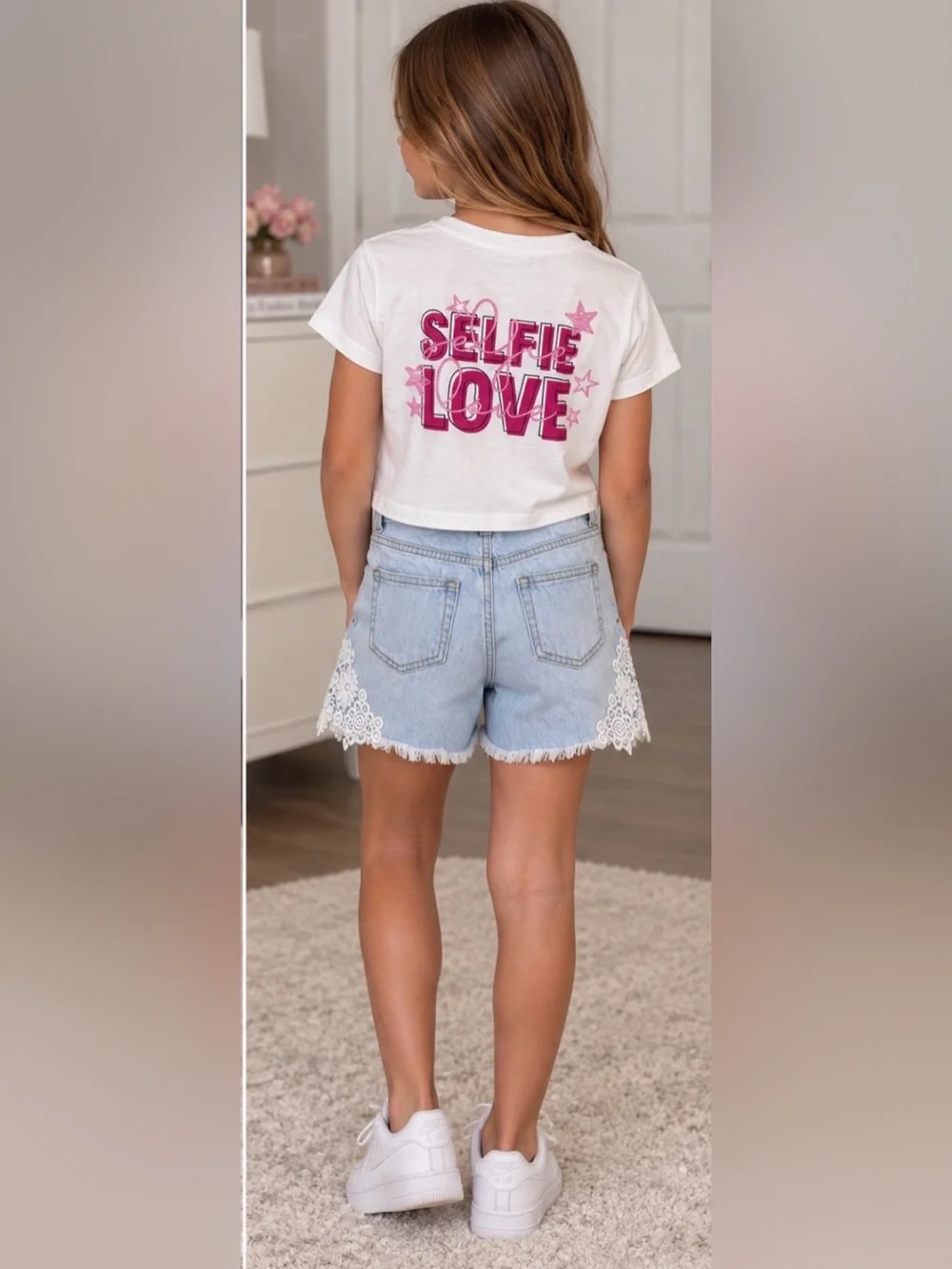 KIDS✨Girls Trendy 2-Piece Outfit Selfie Love Crop Tee + Lace Denim Shorts